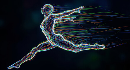 A human body made of glowing lines is jumping