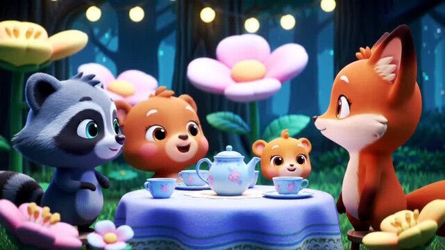 Cute Teddy Bears Having Tea Party in Enchanted Forest