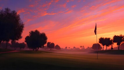 Obraz premium Golf course green at sunset with a lone flagstick and silhouetted trees under a blazing orange-pink sky. Concept Sunset Golf Course, Lone Flagstick, Silhouetted Trees, Orange-Pink Sky, Serene Green