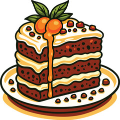 Delicious layered chocolate cake with cream, caramel drizzle, and fresh berries topping