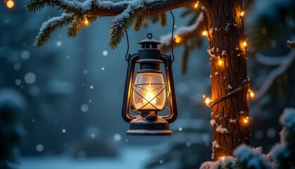 Rustic lantern glowing on snow-covered tree branch in winter forest. Warm light, falling snow, and fairy lights create a serene, festive mood. Perfect for Christmas, New Year, greeting cards, decor.