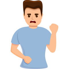 Frustrated Man With Brown Hair Wearing Light Blue T Shirt Clenching Fists In A Defensive Stance With Open Mouth And Concerned Expression Isolated On White Background