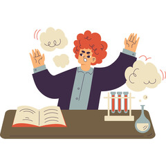 Frustrated Student With Red Curly Hair Throws Hands Up In Despair Over Science Experiment With Test Tubes and Open Book on Desk