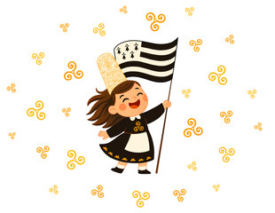 Vector Cute Breton Girl in Traditional Costume Holding Weaving Brittany Flag with Festive Triskelions on White Background