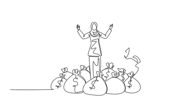 Animated self drawing of continuous one line drawing Arab woman standing on a pile of money bags while throwing banknotes. An investment. Be a Millionaire Day. Full length single line animation