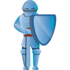 Full Body Metallic Blue Knight in Shining Armor Holding Sword and Shield Medieval Warrior Fantasy Character