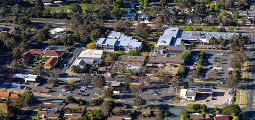 Aerial view of Hawker shops located in the suburb of Hawker, Canberra