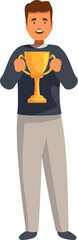 Fototapeta premium Smiling man celebrating victory and holding gold trophy cup after business competition