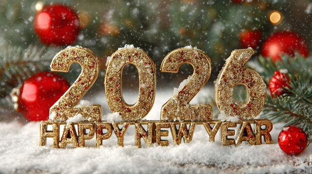 Closeup of glittering gold new year 2026 text, surrounded by red ornaments and pine needles on a snowy surface, perfect for holiday greetings
