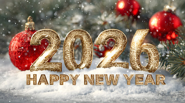 Sparkling golden new year 2026 text, adorned with red baubles and pine branches, set against a snowy backdrop for a festive celebration - Powered by Adobe