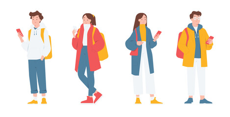Student standing with smartphones, wearing casual clothing and backpacks, education, communication, and social media set concept illustration