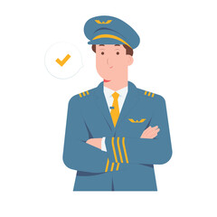 Confident airline pilot in uniform standing with arms crossed, flight safety concept illustration