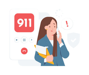 Emergency 911 phone call, panic worried businesswoman with safety awareness reporting concept illustration