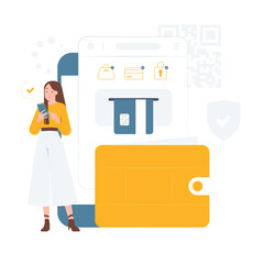 E wallet digital transaction with woman using smart phone for secure mobile payment online shopping concept illustration