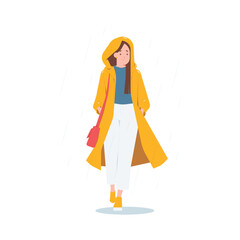 Thoughtful melancholy sad mood expression on rainy days, woman dressed in raincoat walking under rainfall concept illustration