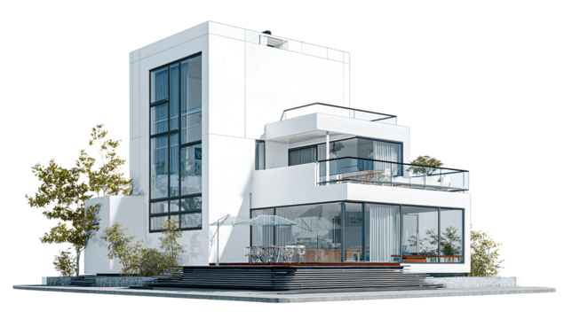  modern house, white in color with glass windows and a terrace, on a transparent background in a cutout png style,