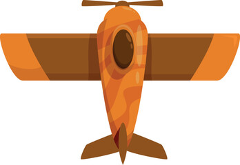 Orange and brown cartoon airplane flying, viewed from above, isolated on white background
