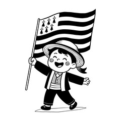 Hasnd drawn vector cute little Breton boy in traditional costume with flag of Brittany

