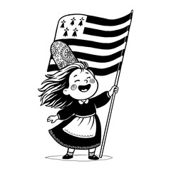 Hand drawn vector cute little Breton girl in traditional Bigouden costume with weaving flag of Brittany (France) 