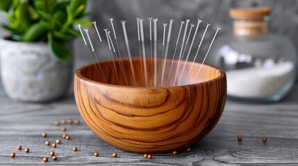 Exploring traditional chinese medicine  a close up of acupuncture needles in a wooden bowl setting
