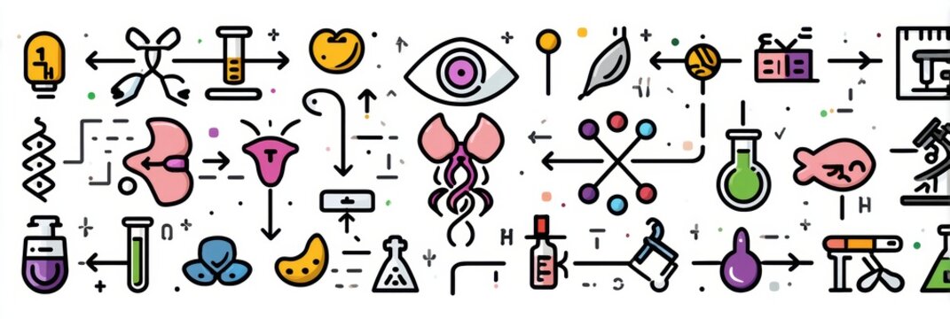 Colorful Graphic Depicting Scientific Icons and Symbols Representing Various Fields of Research and Experiments in a Creative Layout - Powered by Adobe