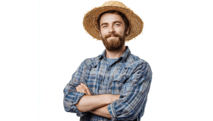 Untitled design portrait of a smiling farmer in a checkered shirt and straw hat, isolated on a transparent background against a white background