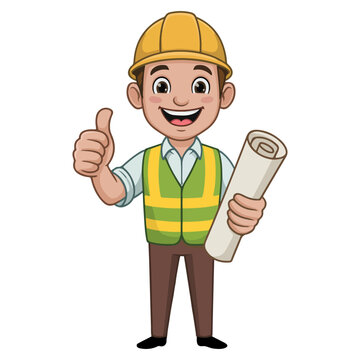 An engineer in construction clothing holding plans, thumbs up with a smiling expression