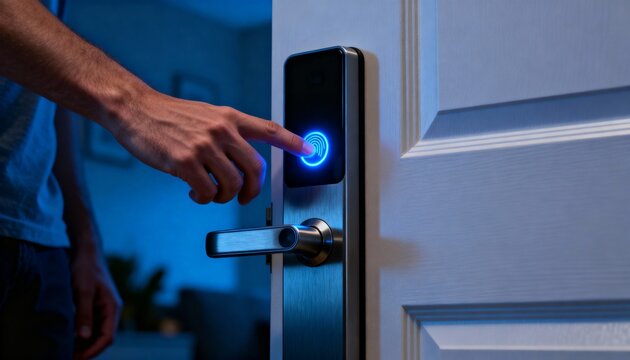 Hand pressing glowing blue fingerprint scanner on modern door lock at night