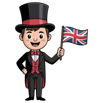 A cartoon illustration of a man with a top hat waving the flag of the United Kingdom