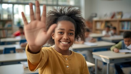 African american girl waving in classroom education school student learning elementary study knowledge 100 on transparent background