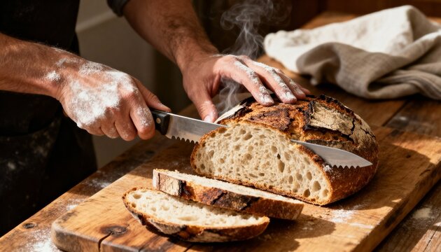 Hand slicing freshly baked rustic sourdough bread with steam rising
