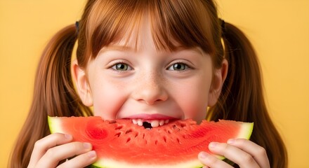 picture of a young girl with red hair and a happy face, eating a watermelon slice on a yellow backdrop, with intricate facial features