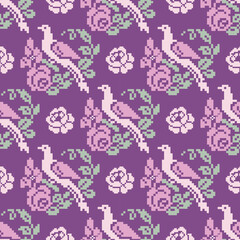 Geometric seamless pattern of birds and flowers. Designed for wallpaper, background, decoration, fabric, clothing.