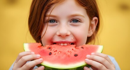 photo of a young girl with red hair and a joyful expression, eating a slice of watermelon, yellow background, detailed facial features