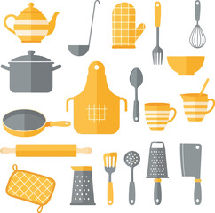 Collection of yellow and grey kitchen utensils and cookware for cooking and baking