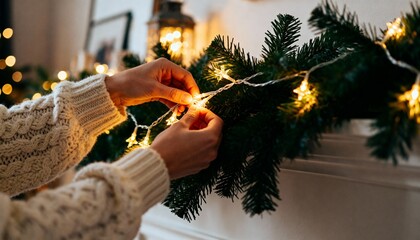 Hands decorating a Christmas evergreen garland with warm white fairy lights indoors