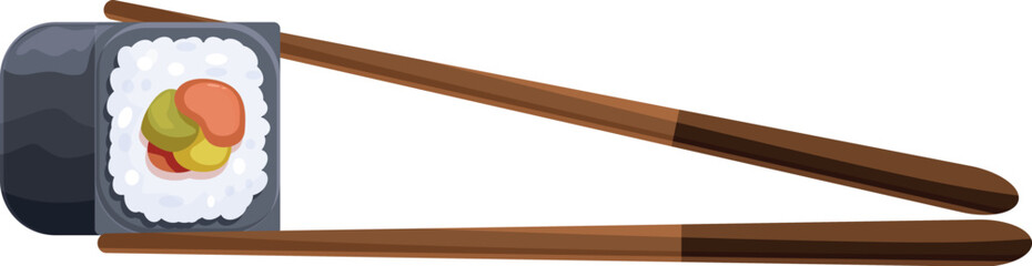 Chopsticks lifting a sushi roll with salmon, avocado, and rice, ready to be enjoyed