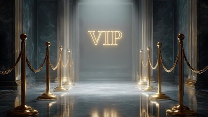 VIP entrance with gold rope barriers leading to a frosted door labeled VIP. Concept VIP Entrance, Gold Rope Barriers, Frosted VIP Door, Exclusive Access, Luxurious Event Vibe