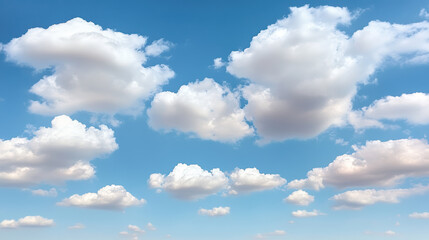 Fototapeta premium Fluffy white clouds scattered across bright blue sky create serene atmosphere