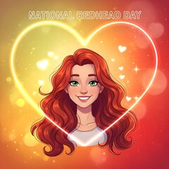 national redhead day, animated character, young woman with long red curly hair, heart-shaped background, warm colors, illustration, digital art