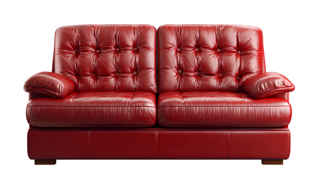 Untitled design red leather sofa isolated on a transparent background, png file for graphic design elements.