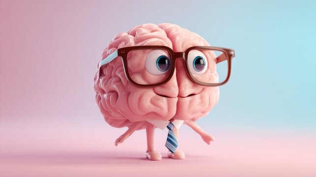 A cartoon brain, wearing glasses and a tie, stands on a pink background with a gradient to blue.  It has large eyes and a friendly expression, conveying intelligence and perhaps a business