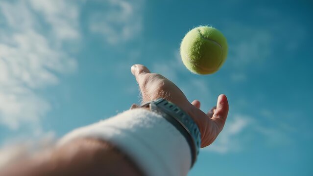 A tennis ball is tossed into the air by a person's hand against a clear blue sky. Concept Tennis ball, Hand toss, Toss in the air, Clear blue sky, Sports photography