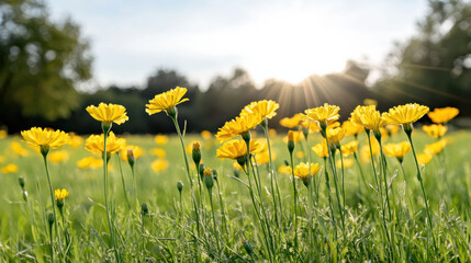 Bright marigolds bloom in sunlit field, creating cheerful atmosphere