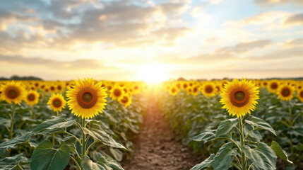 Vibrant sunflowers bloom in golden field, basking in warm sunrise glow