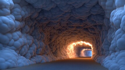 Ethereal passageway crafted from soft cloud-like formations illuminated by warm light beckoning exploration into a serene and tranquil environment evoking curiosity and wonder