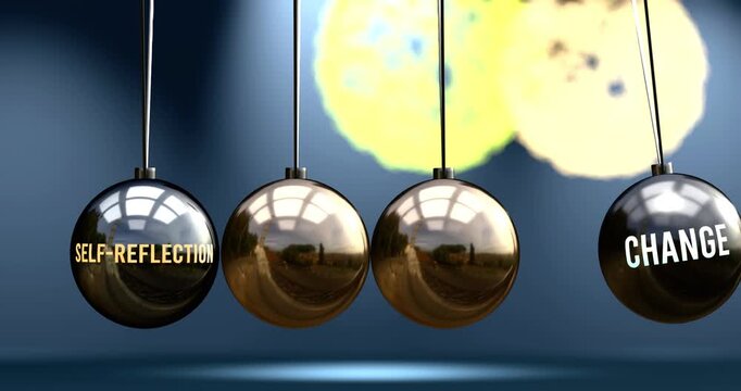 Self-Reflection leads to change. Cause and effect relation between self-reflection and change. A Newton cradle metaphor in which self-reflection gives power to set change in motion. Can be looped. 