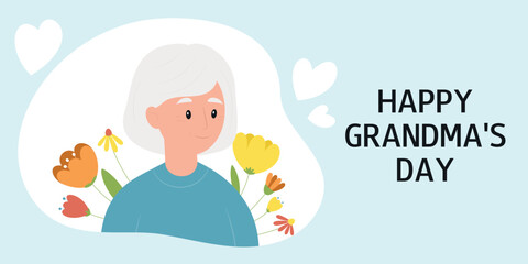 Happy Grandmothers Day. Horizontal greeting card with smiling grandmother character and flowers. Vector illustration.