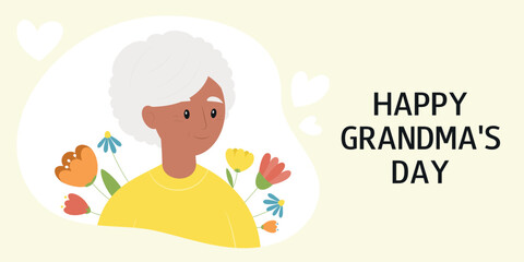Happy Grandmothers Day. Greeting card with smiling Older Black Woman character and flowers. Vector illustration.