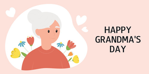 Happy Grandmother's Day. Greeting card with cute smiling grandmother character and flowers. Vector illustration. 